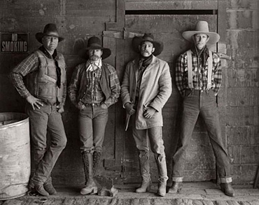 Image of Bill Russell (Feedlot Boss), Robert Bennett, Clay Lindley and Thad Smith (Wagon Boss), T Lazy S Ranch, Nevada by Jay Dusard